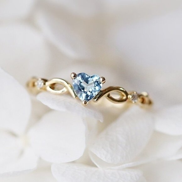 Gold Blue Heart Dainty Anillos Princess Diamond Ring for Women, VIP260 - Picture 1 of 1